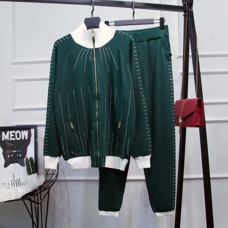 HIGH STREET стильный осень зима Подиум костюм набор женщин бриллианты бисером молния вязание свитер брюки набор