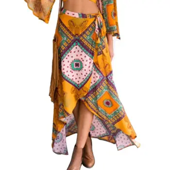 

Womens High Waisted Tie Up Bohemian Geometric Floral Maxi Long Wrapped Skirt Asymmetric Swallowtail Hem Beach Cover Up Sundress