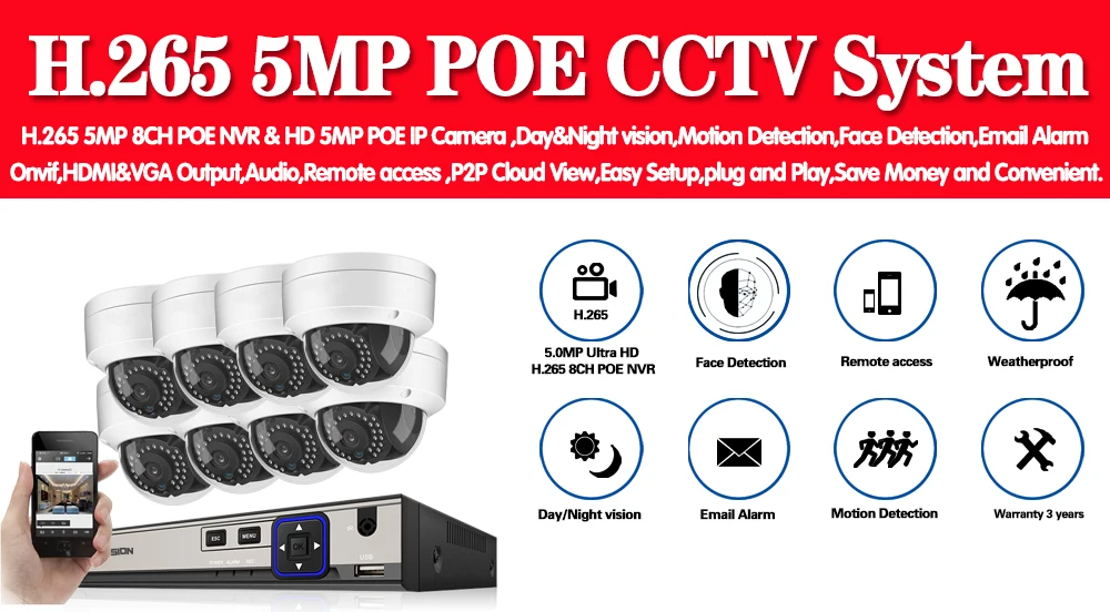 8CH 5MP HDMI POE NVR комплект CCTV система безопасности 5MP ИК открытый купол Водонепроницаемый IP POE камера P2P комплект видеонаблюдения 2 ТБ HDD