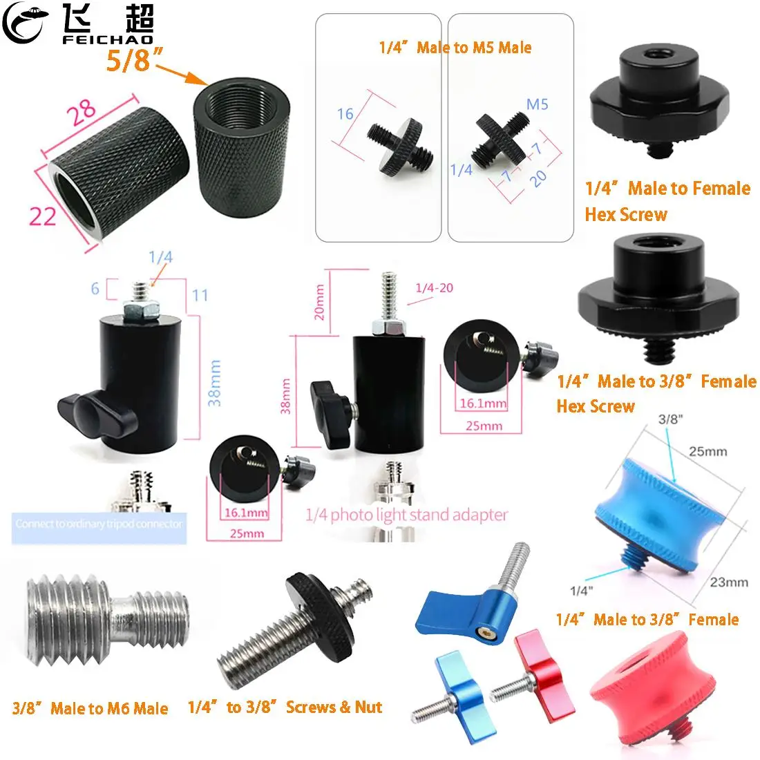 1x 5/8 1/4 3/8 M4 M5 M6 Threaded Screw Mount Adapter Microphone Stand Tripod Plate Monitor Flash Light Bracket Converter camera screw adapter