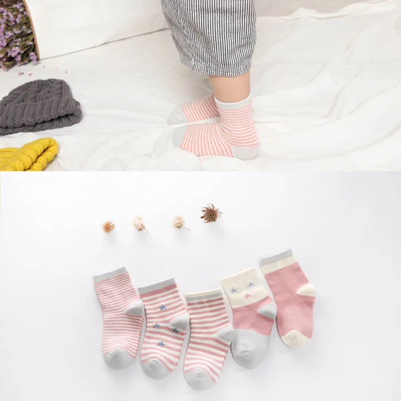 5 Pair=10PCS/lot Baby Socks Neonatal Cotton Polka Dots Plain Stripes Kids Girls Boys Children Socks for 0-6 Year - Цвет: Star stripes