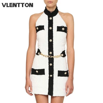

Spring Summer Sexy Off Shoulder Mini Pencil Dress Woman Patchwork Metal Button Sleeveless Bodycon Party Dresses Ladies Vestidos