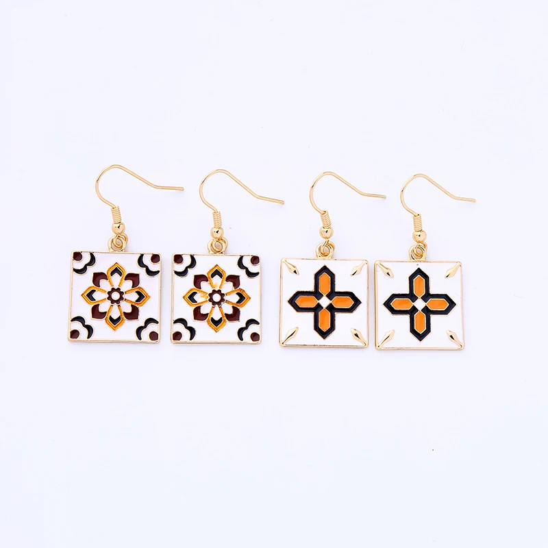 

kissme Unique Square Multicolored Enamel Carving Pattern Flower Cross Drop Earrings For Women Gifts Gold Color Fashion Jewelry