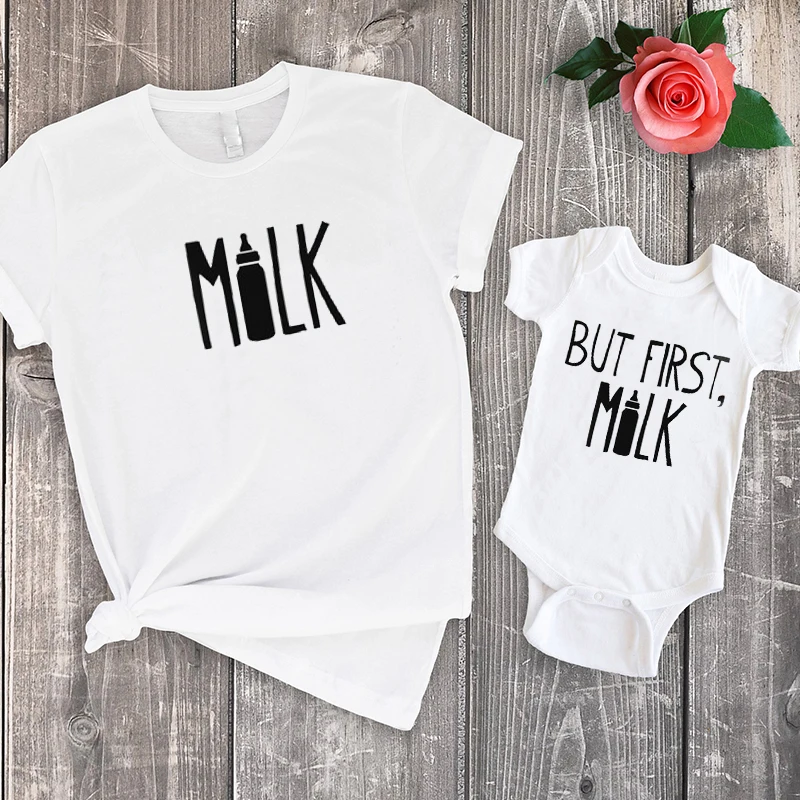 

But First Milk Baby Shirt Funny Baby Tshirt Pregnancy Mother and Daughter Clothes 2020 Summer Family Clothing Fashion Cotton