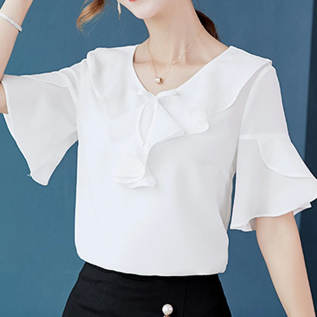 Женская летняя Корейская рубашка с v-образным вырезом и коротким рукавом модная Повседневная шифоновая рубашка Топ высокого качества Плюс Размер Топы chemisier femme