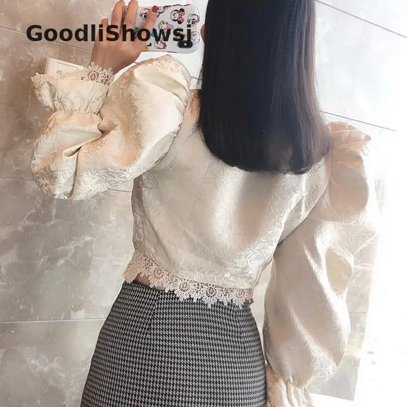 GoodliShowsi новая сексуальная пышная блуза с кружевными вставками, сплошной цвет, v-образный вырез, расклешенные манжеты, жаккардовый узор, женские рубашки, укороченные топы