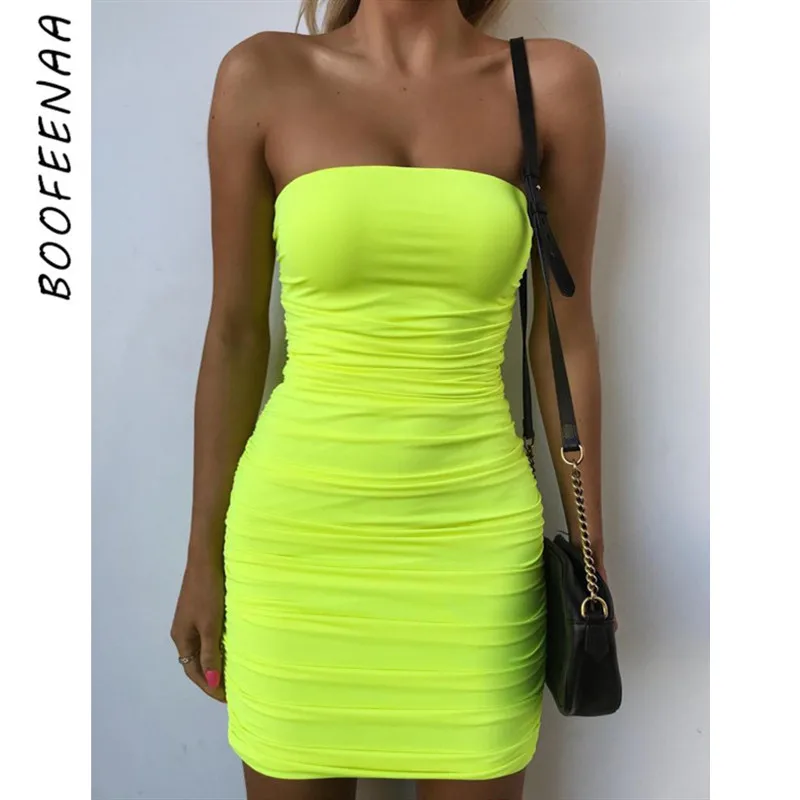 BOOFEENAA Neon Yellow Ruched Strapless 