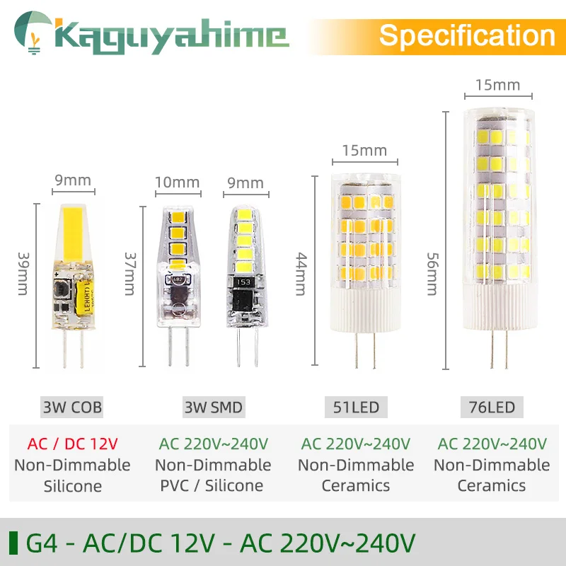Kaguyahime 5 шт./лот светодиодный E14 G9 G4 лампы затемнения 3w 5w 9w AC 220V DC 12V SMD2835 удара