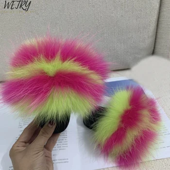 

2020 Baby Fur Slides fur sliders Real Fox Fur Slides Slippers Furry Slippers Toddler Soft Children Fox Fur Slippers Kids Sandal