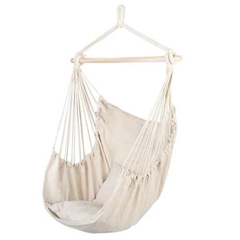

[US-W]Distinctive Hanging Rope Chair Cotton Canvas with Pillows Beige