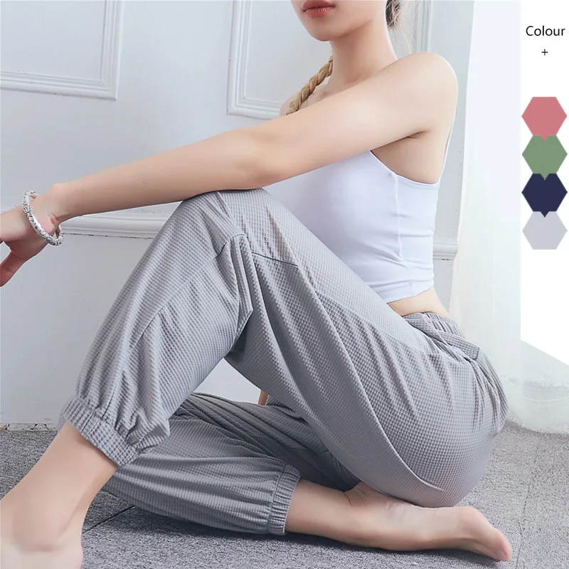 

2019 New Style Europe And America INS Loose-Fit Breathable Casual Yoga Pants Waffle Cooling High-waisted Running Quick Drying Pa
