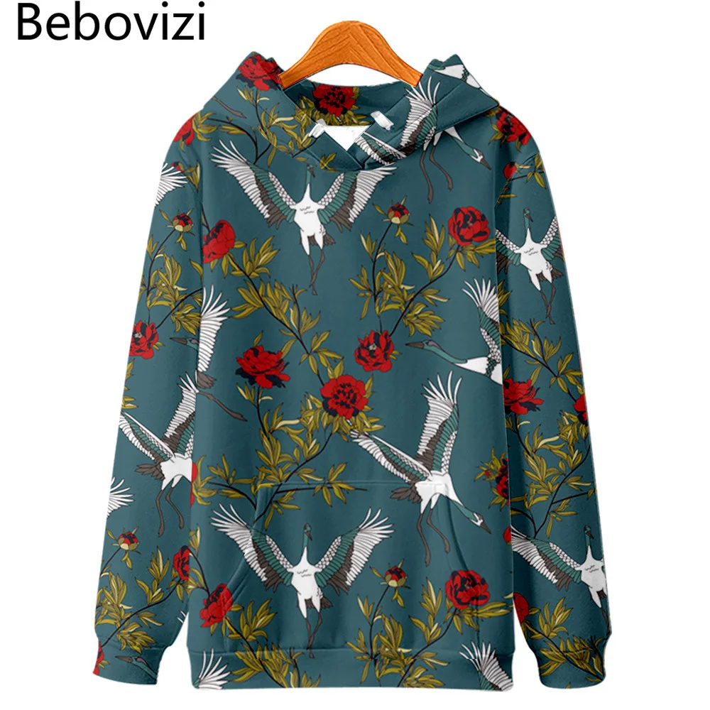 Men Autumn Japan Oversized Hooded Hoodie Fashion Chinese Style Rose Crane Print Hoodie Sweatshirt Harajuku Hip Hop Pullover