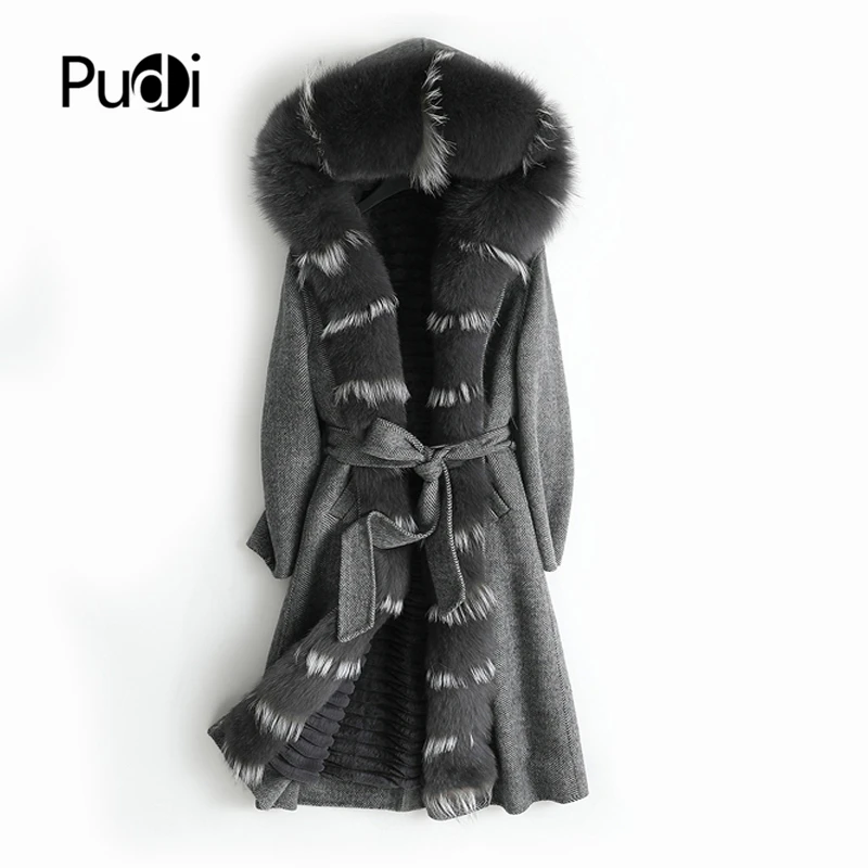 

PUDI ZY18170 Women real wool fabric coat lady Rex rabbit fur lining fox fur collar leisure Fall/Winter wool long outwear