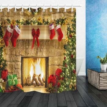 

Christmas Tree Fireplace Red Socks Gifts Shower Curtain Set Bathroom Decor Shower Curtains Bathroom Polyester