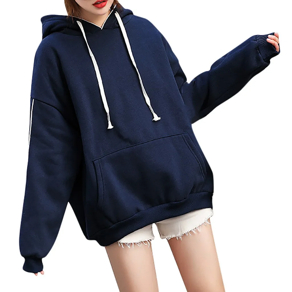 Hoodies And Sweatshirts Women 2019 Fashion Pocket Blue Pure Color Hoodie Top Sweatshirt Long Sleeve Blouse Polerones ropa mujer