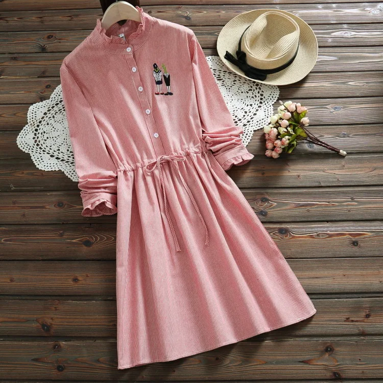 

Spring New Style Literature And Art Stripes Embroidered Waist Hugging Long-sleeved Dress Single Breasted Elastic Waist Base Skir