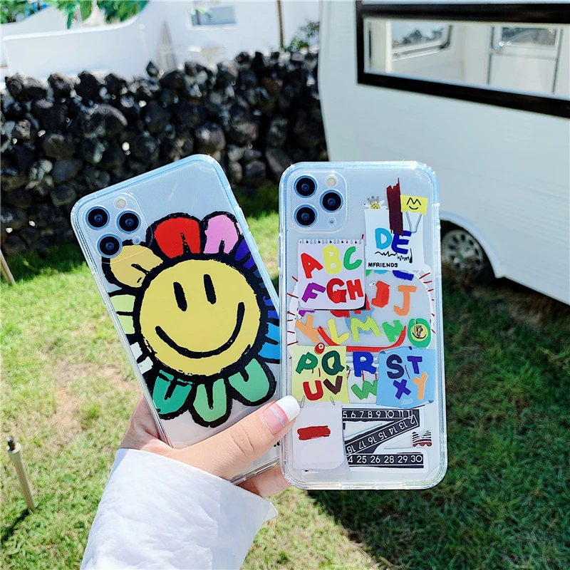 Cartoon Lucky Smiley Straight Edge Phone Case For iPhone 12 Mini 11 Pro XS Max XR X 7 8 Plus Clear Soft Airbag TPU Cover Coque