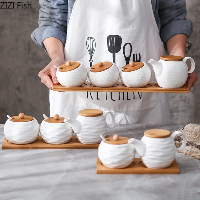

Japanese-style Seasoning Tank Set with Lid Oil Jug Salt Shaker Ceramics Three-piece Set Home Kitchen Seasoning Tool Suit