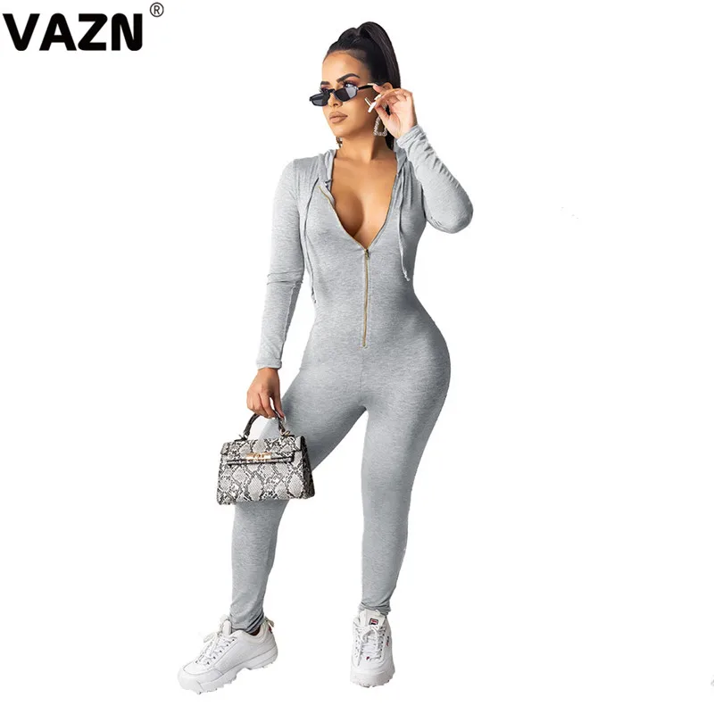VAZN, Spencil, одноцветные, новинка, хит, модные, для улицы, комбинезоны, повседневные, бодикон, молния, шея, капюшон, сексуальные, длинные штаны, тонкий, длинный комбинезон