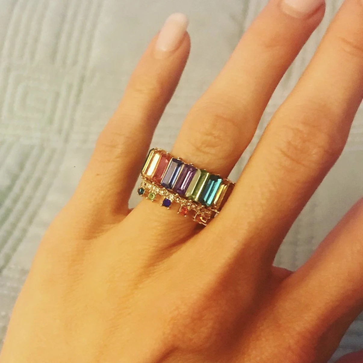 New Fashion baguette CZ Rainbow ring for Women Girls Engagement Wedding Band baguette