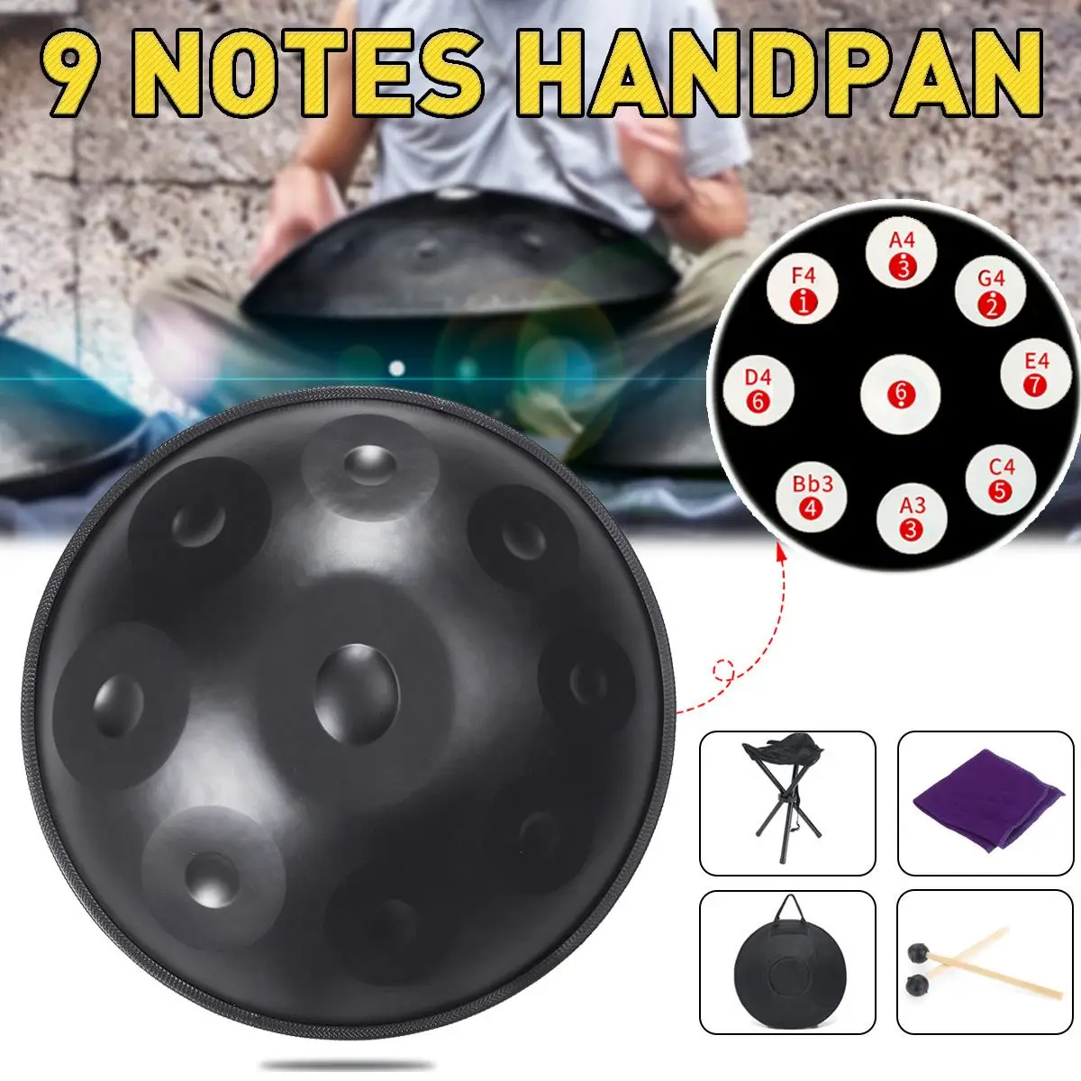 

22 Inch 9 Notes Alloy Tongue Drum Hand Pan Handmade Handrum Performance Hang Drum HandPan Musical Instrument A F G Tonality Drum