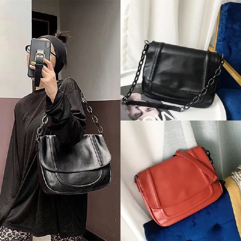 

2019 New Fashion Women's Large Capacity Simple Shoulder Bag Ladies retro All Match Chain Handbag Brand Small Pu Leather Flap bag