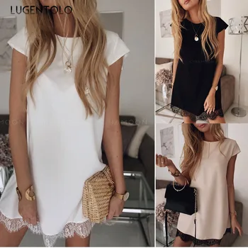 

Lugentolo Women's Dress Summer Fashion Short-sleeved Loose Round Neck Sexy Solid Color Hem Lace Dress Female