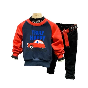 

2PCS WLG winter boys clothing set kids velvet thick cartoon hoodie and black pant set baby boy warm casual clothes 2-7T