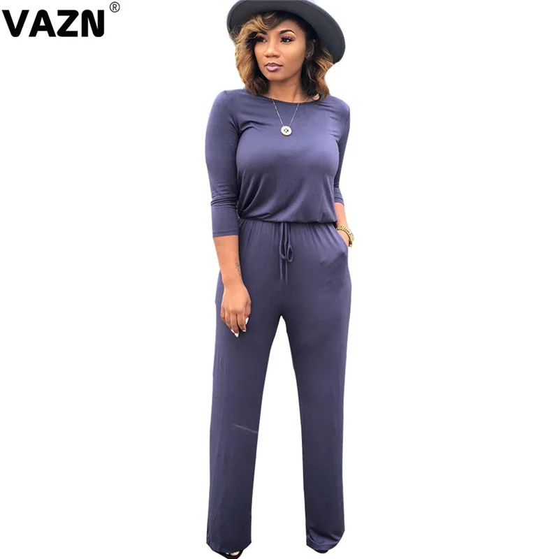 VAZN YM-8303 с круглым вырезом, однотонные шифоновые спортивные костюмы с высокой улицей, повседневные женские комбинезоны с длинными рукавами