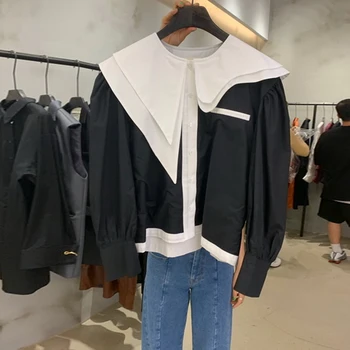 

New Autumn Shirt Womens tops Peter pan Collar Puff Full Sleeve Loose Irregular Design Feeling Small Women shirts Black 6059