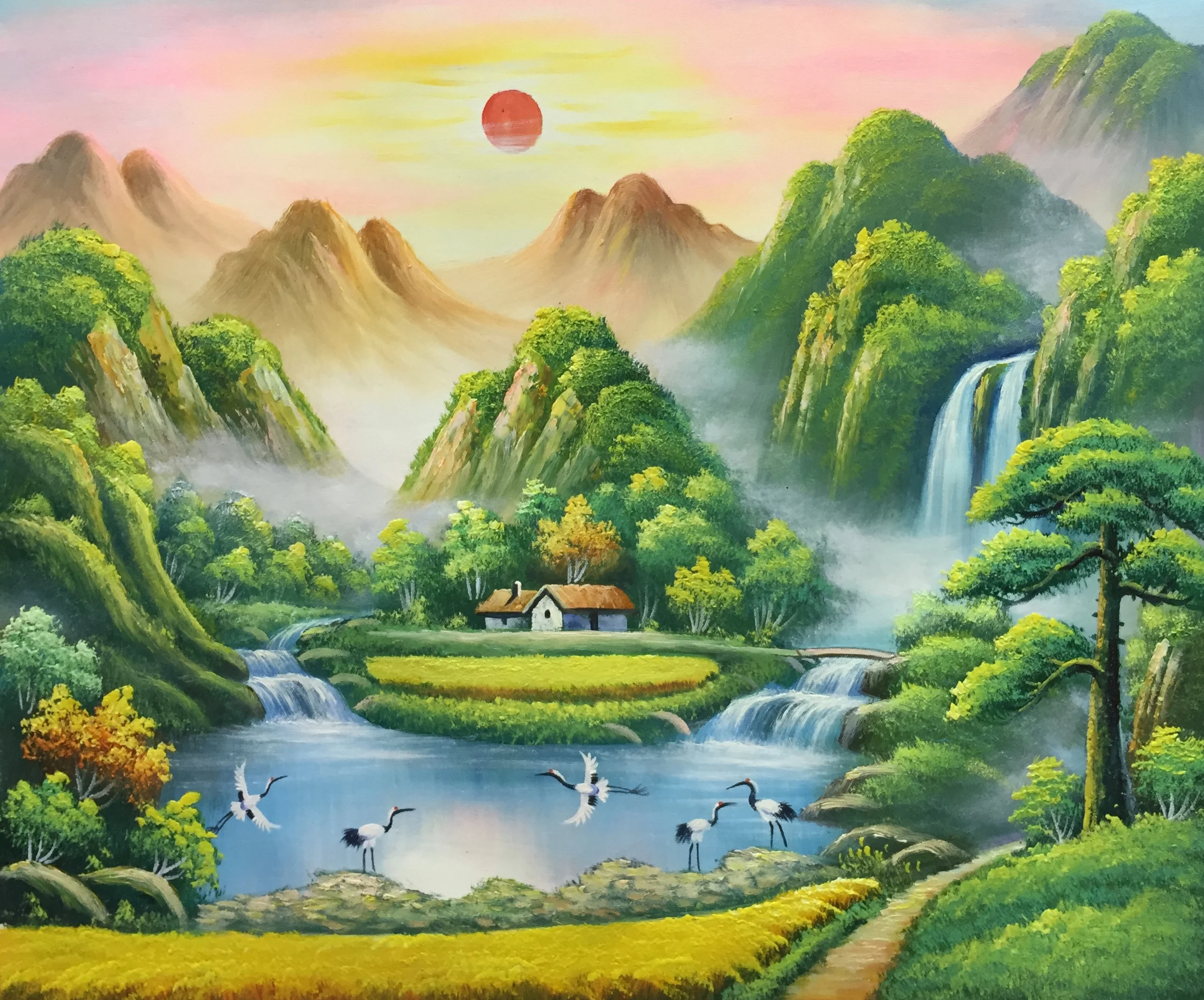 

Картина маслом на холсте восход солнца, пейзаж, настенная живопись, домашний декор, 100%