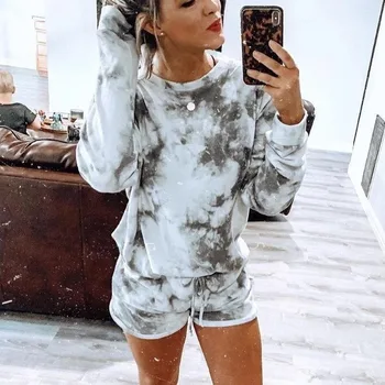 

Women 2-piece Set O-neck Long Sleeves Loose Light Blue Sweater Lace Up Shorts Suit 2020 Summer Pajamas Fashion Women's Clothing