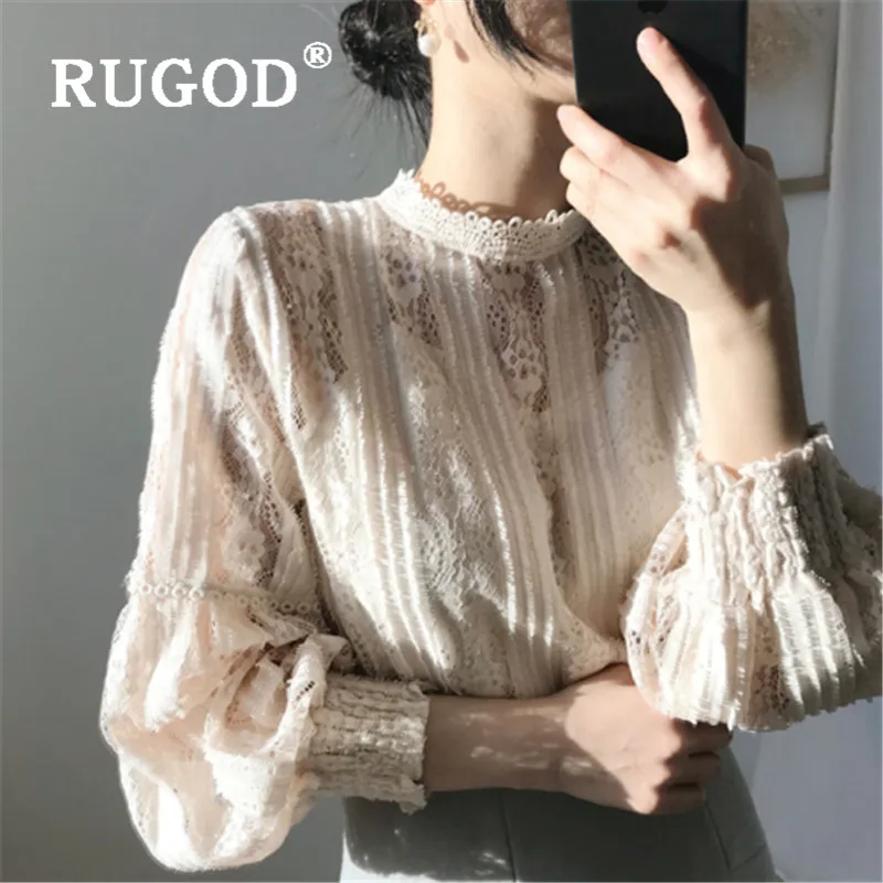 RUGOD Весенняя кружевная блузка, женские блузки, с длинным рукавом, элегантный топ, корейская мода, женская одежда, рубашки на каждый день