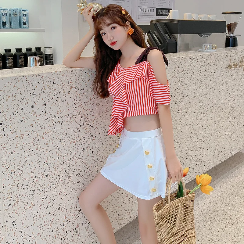 

South Korea Bathing Suit Women's 2019 New Style Push up Skirt Split Type Boxer Hipster Conservative Bubble Hot Spring Bikini