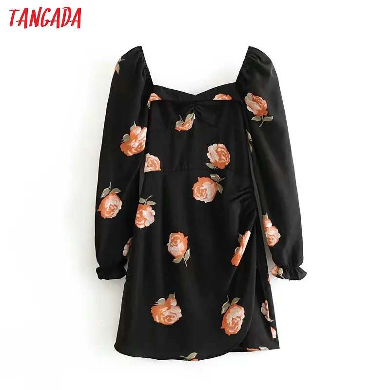 

Tangada spring fashion women pleated print black dress square collar Long Sleeve Ladies slim fit party Dress Vestidos 3D22
