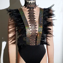 Ночной клуб певица костюмы сценические наряды черное перо сексуальный комбинезон знаменитости вечерние Rave одежда Pold танцевальная одежда для женщин DN4800