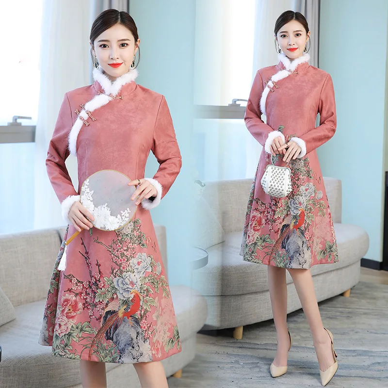

2018 Autumn New Style Thick Improved Cheongsam Ladies' Elegant Chinese-style Printed Retro Mid-length Cheongsam Dress