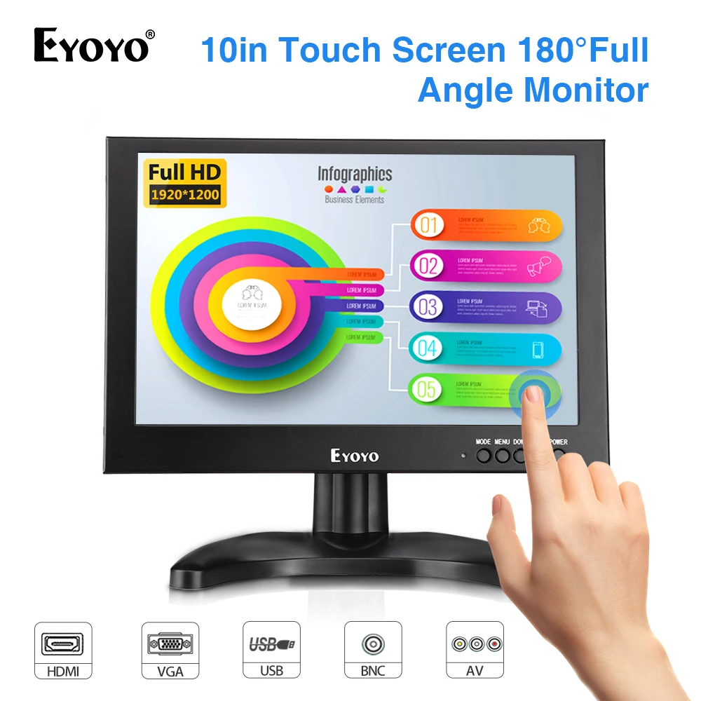 

EYOYO EM10G 10 Inch IPS LED Touch Screen FHD 1920x1200 BNC CCTV LCD Monitor With HDMI VGA AV USB for Security Camera DVD PC FPV