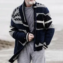 Long Sleeve Stripe Geometry Patchwork Sweater Autumn Winter Men Cardigan Casual Loose Lazy Style Knitted Top Young Fashion Cloth