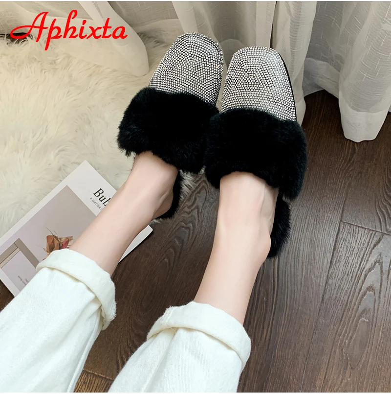 Aphixta/теплые зимние тапочки на натуральном меху; женские шлепанцы с украшением в виде кристаллов; женские пушистые тапочки; женская обувь на плоской подошве с кроличьим мехом