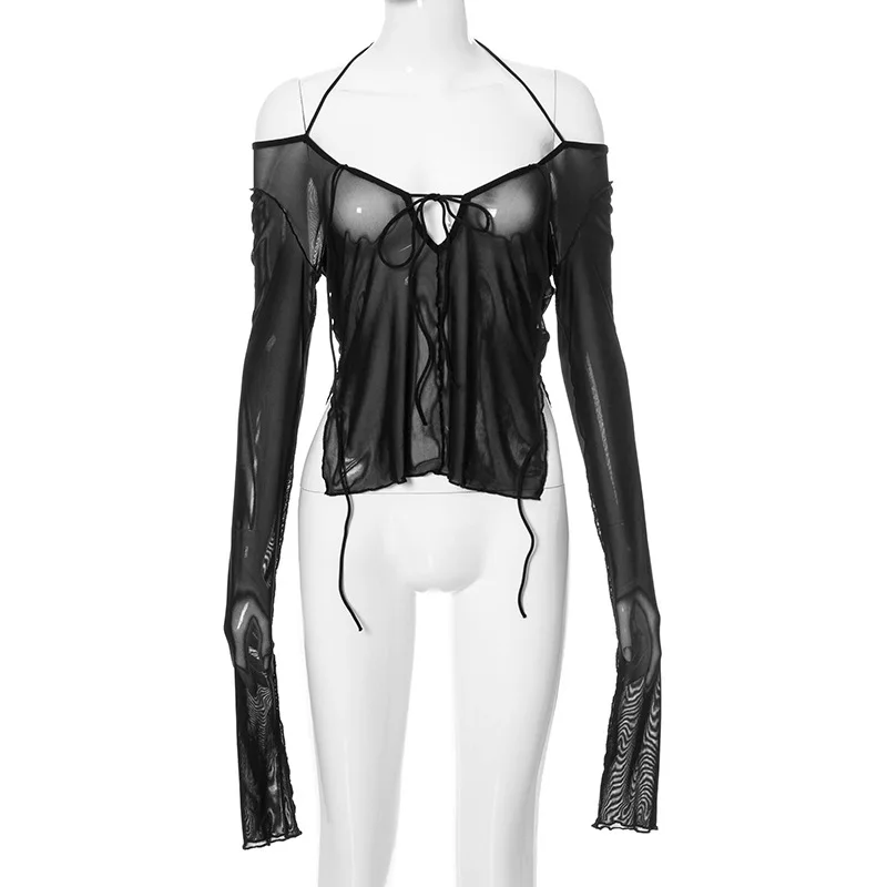 Goth Dark Y2k Punk Mesh See Through T-shirts Women Cyber Sexy Summer Halter Tops Lace Up Techwear Black Patchwork Split Clothes