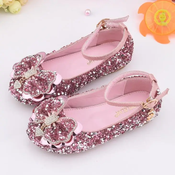 Princess Kids Leather Shoes For Girls Casual Glitter Diamond Bow PU Children Shoes Party Dress School Performance Shoes Silver