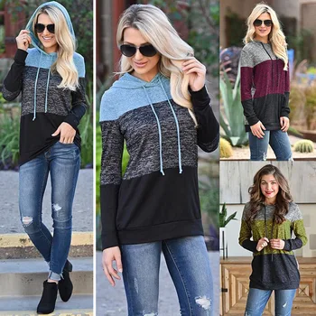 

2019 Autumn Hoodies Women Harajuku Striped Hoodies Red Blue Yellow Patchwork Long Sleeve Female Sweatshirt Streetwear Tops
