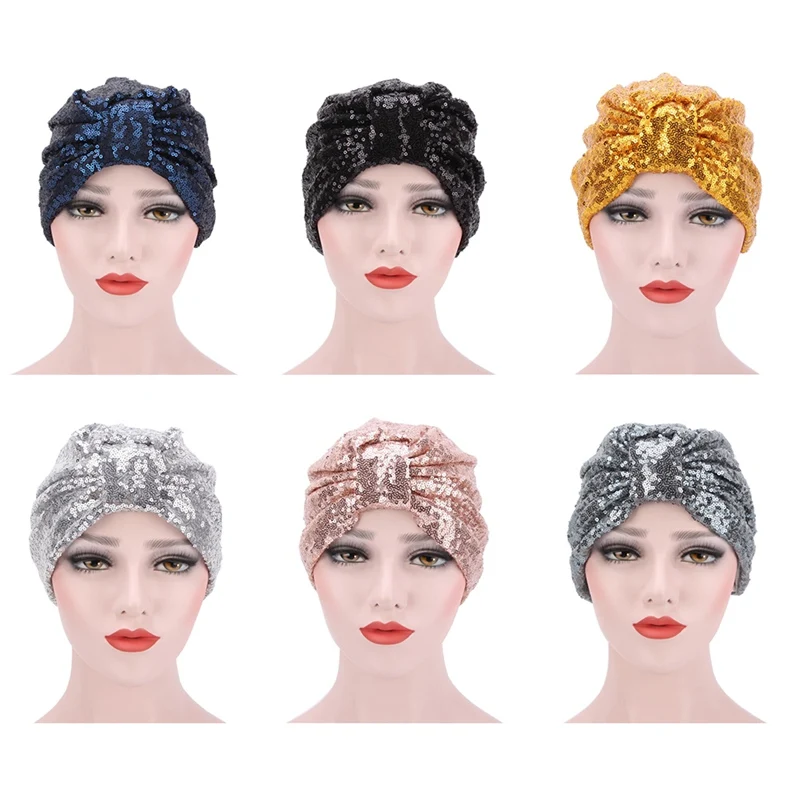 Women Sequined Turban Hijab Pre Tied Bandana Cap Chemo Head Scarf Hair Cover Sleeping Hat Ladies Turban Headwear