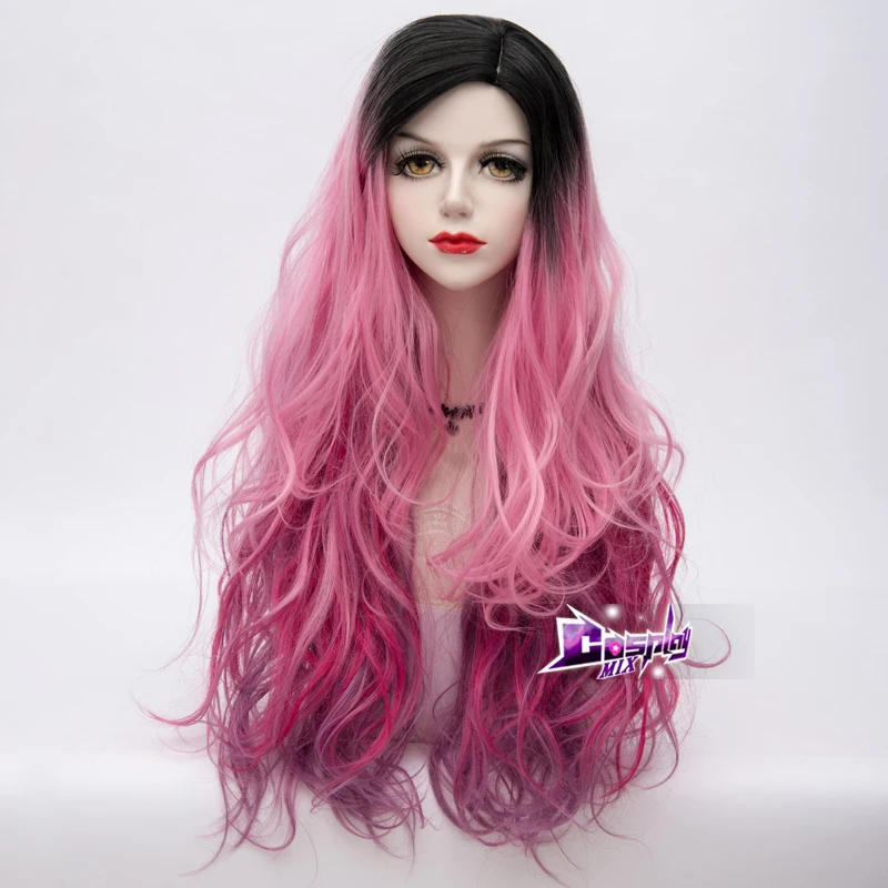 Pink Gradient Косплей микс Аниме Косплей 75 см многоцветный Омбре длинные кудрявые Хэллоуин Рождество синтетический парик+ шапка - Цвет: Pink Gradient