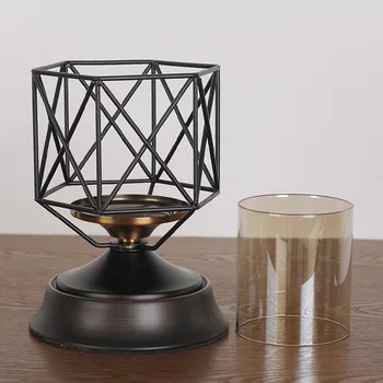 

Nordic Retro Candlestick Iron Glass Candle Holder Black Candle Lantern Metal Model Room Photophore Mariage Home Decoration FC355