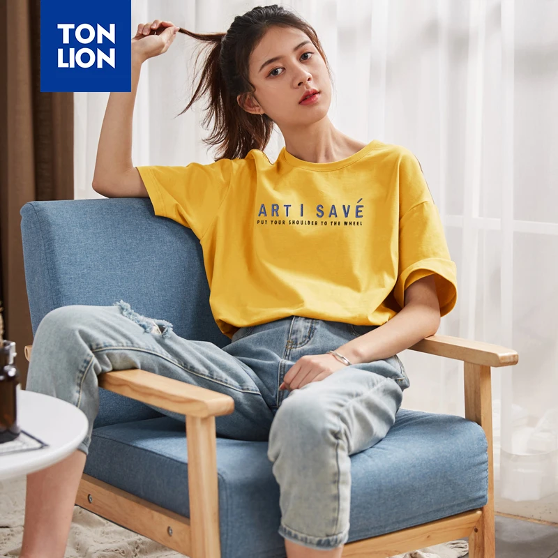 

TONLION 4 Colors Available Famous Brand T Shirt Women Cotton Simple Preppy Style Tshirt for Student Grils White Tees T-shirt New