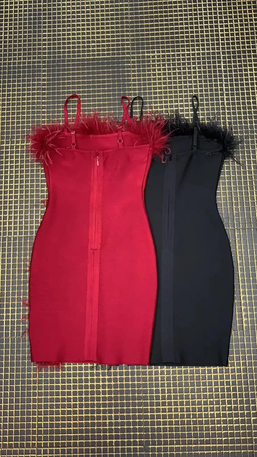 Simly Tara летнее элегантное женское мини платье для вечеринки vestidos без бретелек Spaghettlli ремень перья Красное Облегающее Бандажное платье