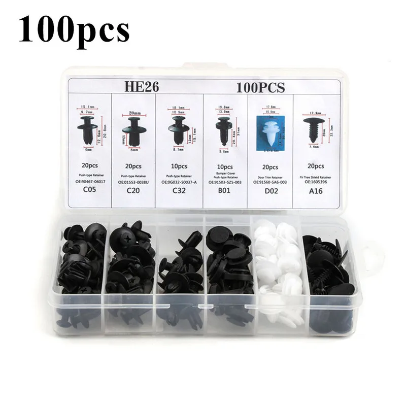 100pcs Universal Mixed Auto Fastener Clip Car Body Push Retainer Pin Rivet Bumper Door Trim Panel Retainer Fastener Kit