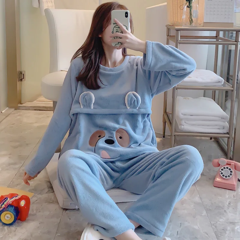 RYT 9hao 804lan RN-9 Winter Cartoon Coral Fleece Maternity Cothing Womens Flannel Nightwear Pregnant Pajamas Sets Nursing Sleepwear Suit - Цвет: RYT 9hao 804lan